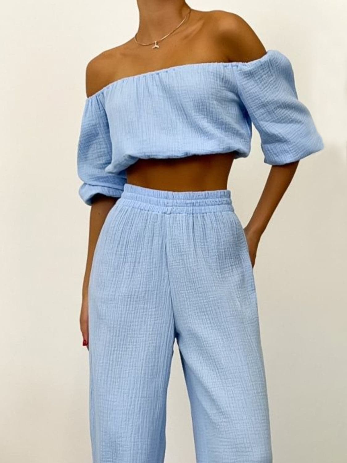 Off Shoulder Long Sleeve Top and Pants Set.