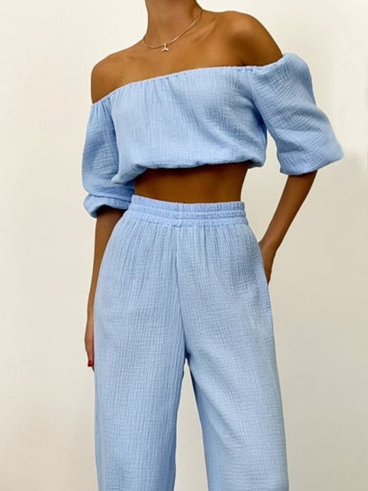 Off Shoulder Long Sleeve Top and Pants Set.