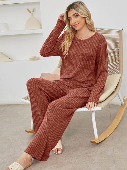 Cozy two-piece round neck top and pants ensemble