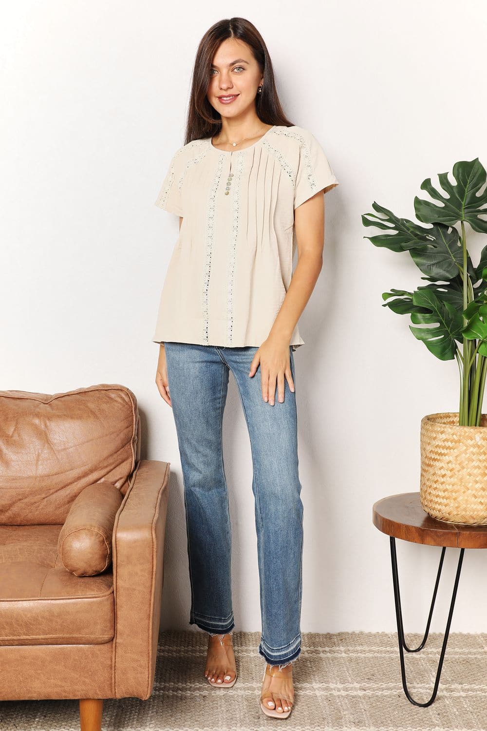 Double Take Crochet Buttoned Short Sleeves Top.