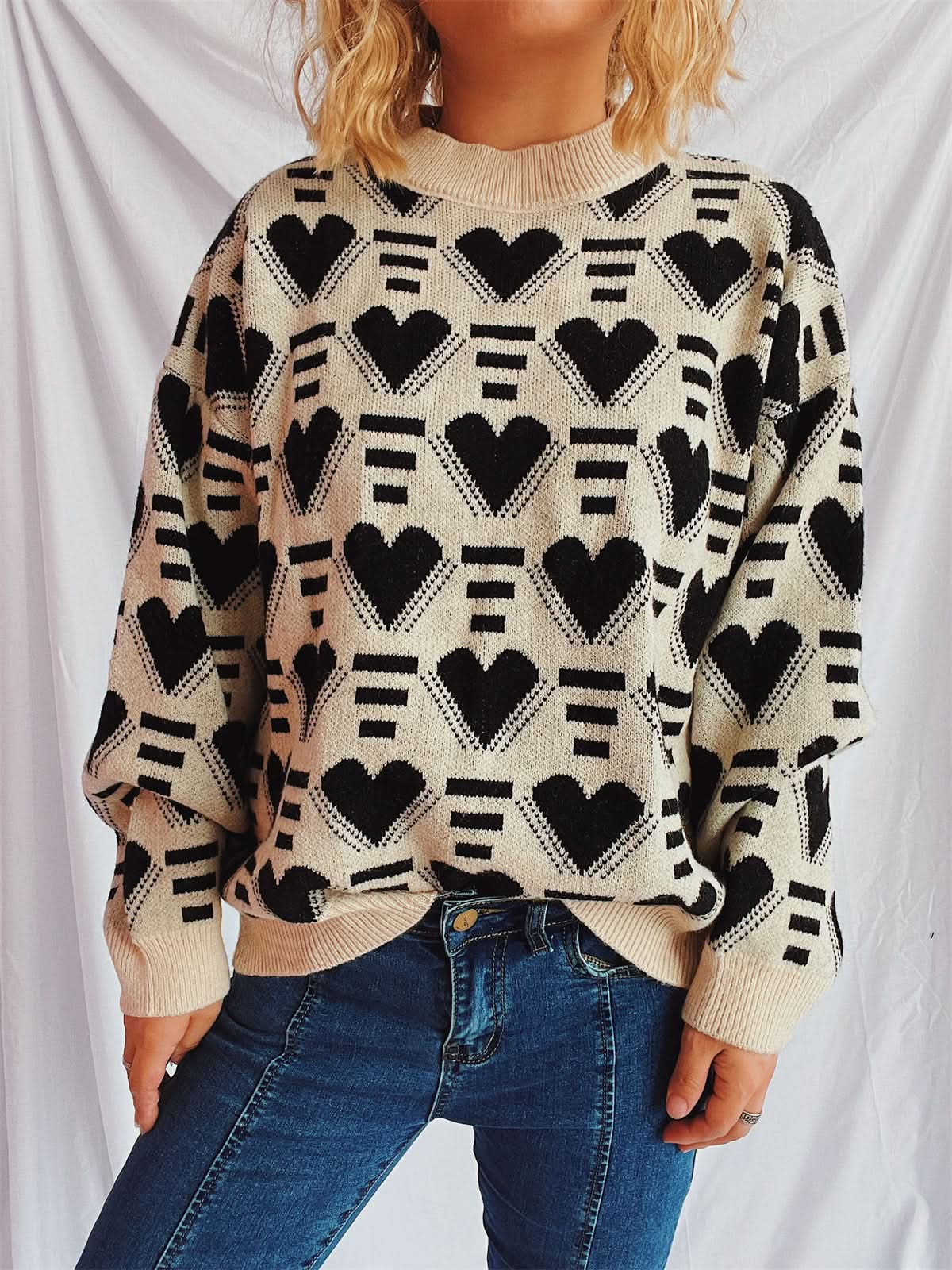 Heartfelt Contrast Long Sleeve Sweater with Dropped Shoulders