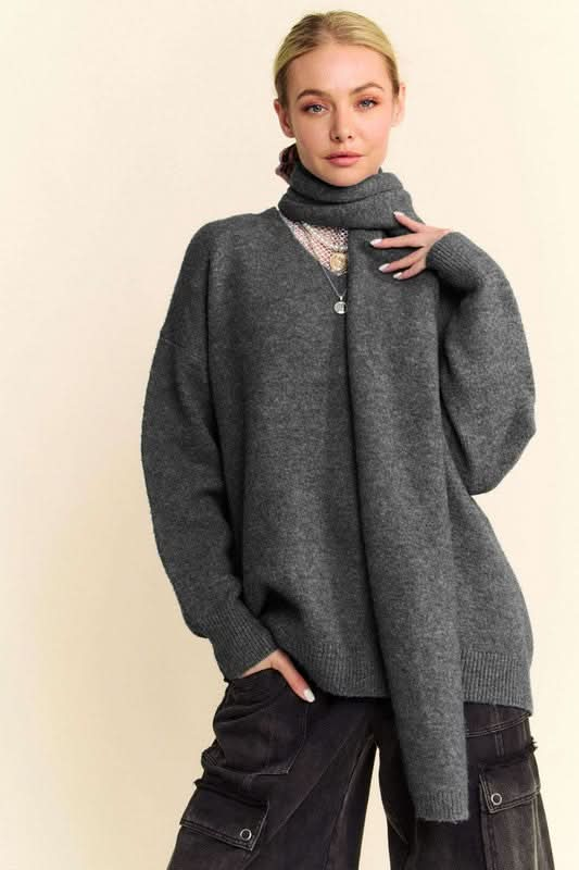 V-neck dropped shoulder sweater with scarf set in gray, ribbed knit texture.