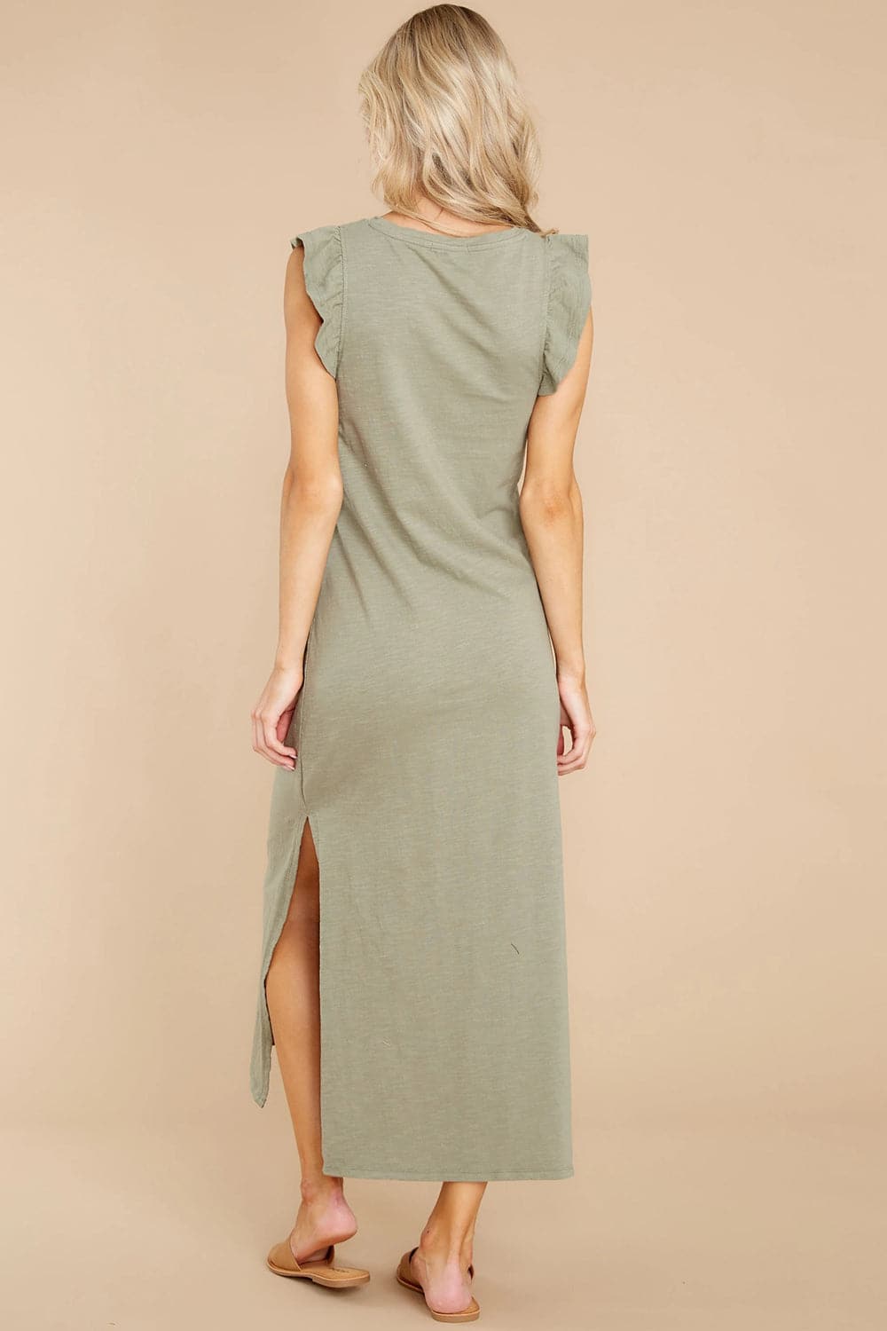 Ruffled Slit Round Neck Cap Sleeve Dress.