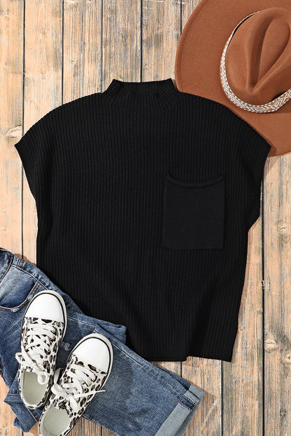 Cozy chic black ribbed knit sweater with patch pocket