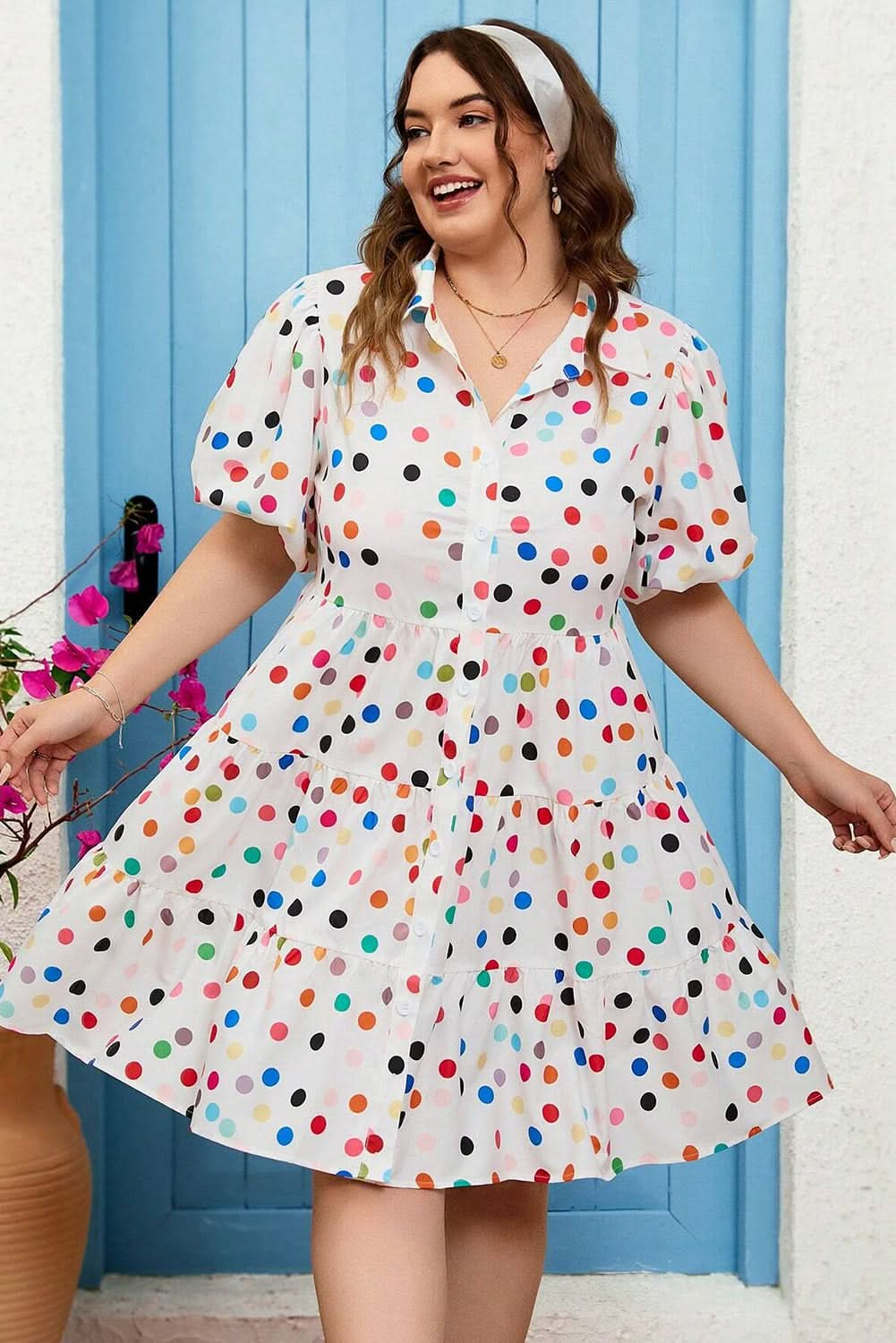 White Polka Dot Bubble Sleeve Plus Size Shirt Dress with Button Front Closure