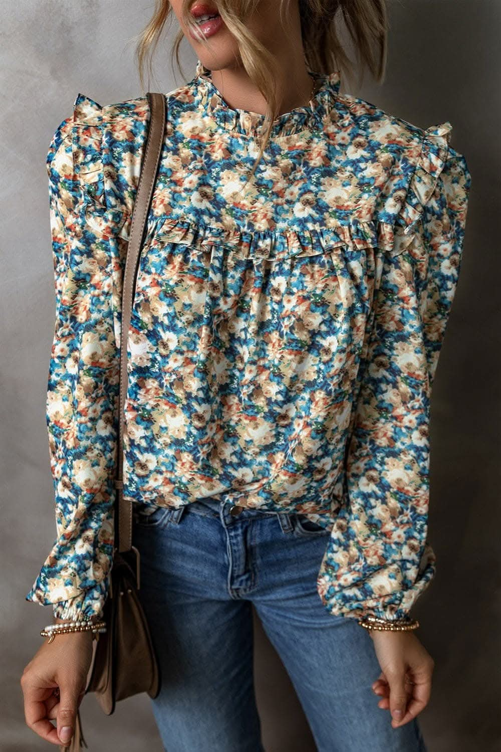 Frill Printed Mock Neck Long Sleeve Blouse.