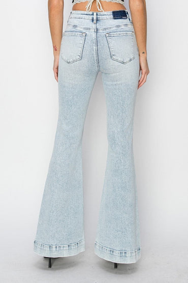 Risen Full Size High Rise Front Patch Pocket Flare Jeans.