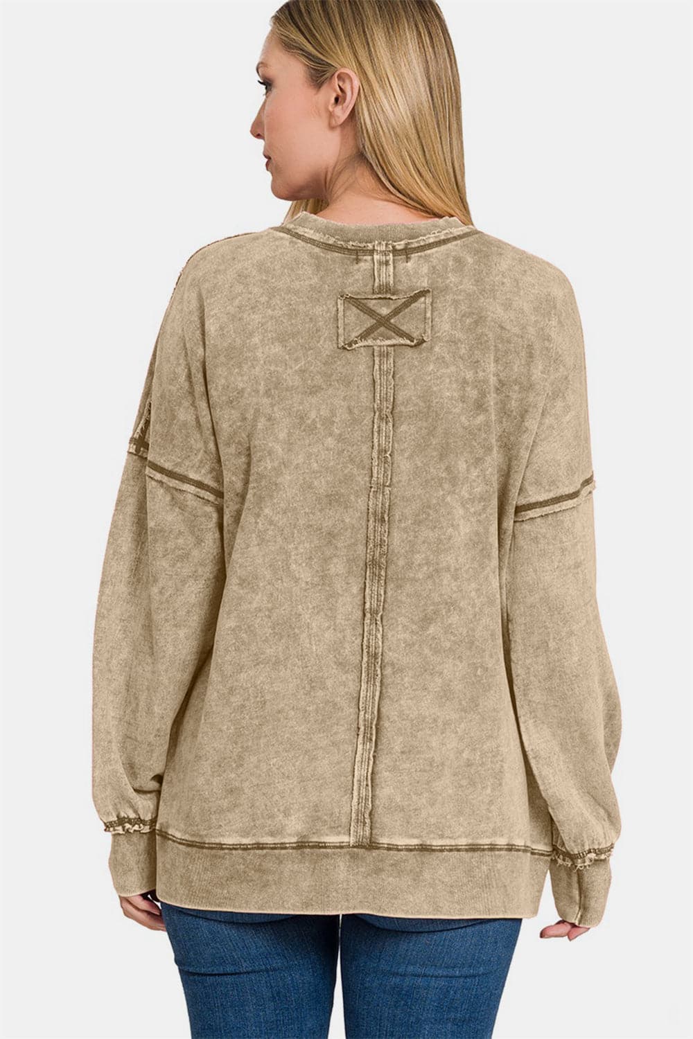 Trendy exposed seam drop shoulder sweatshirt with round neck