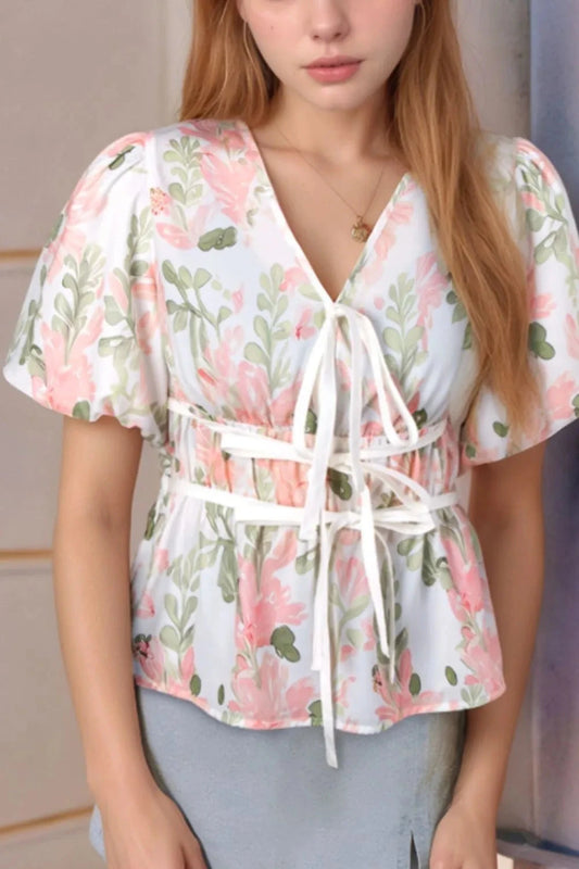 Tied Printed Short Sleeve Blouse Simply Love