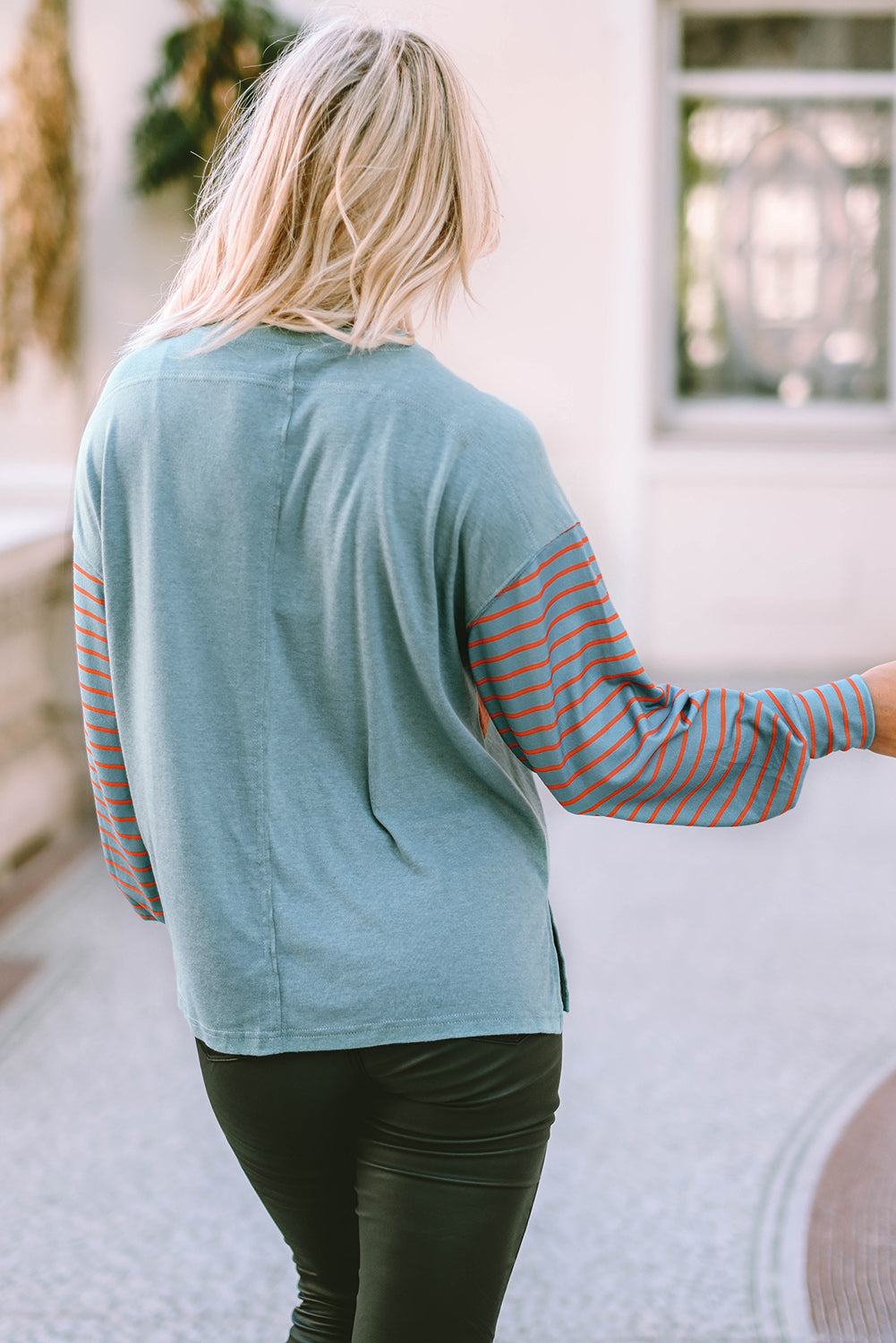 Chic green colorblock striped top with bishop sleeves