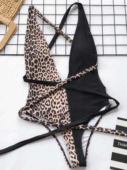 Wild Seduction | Tied Leopard Plunge One-Piece Swimsuit