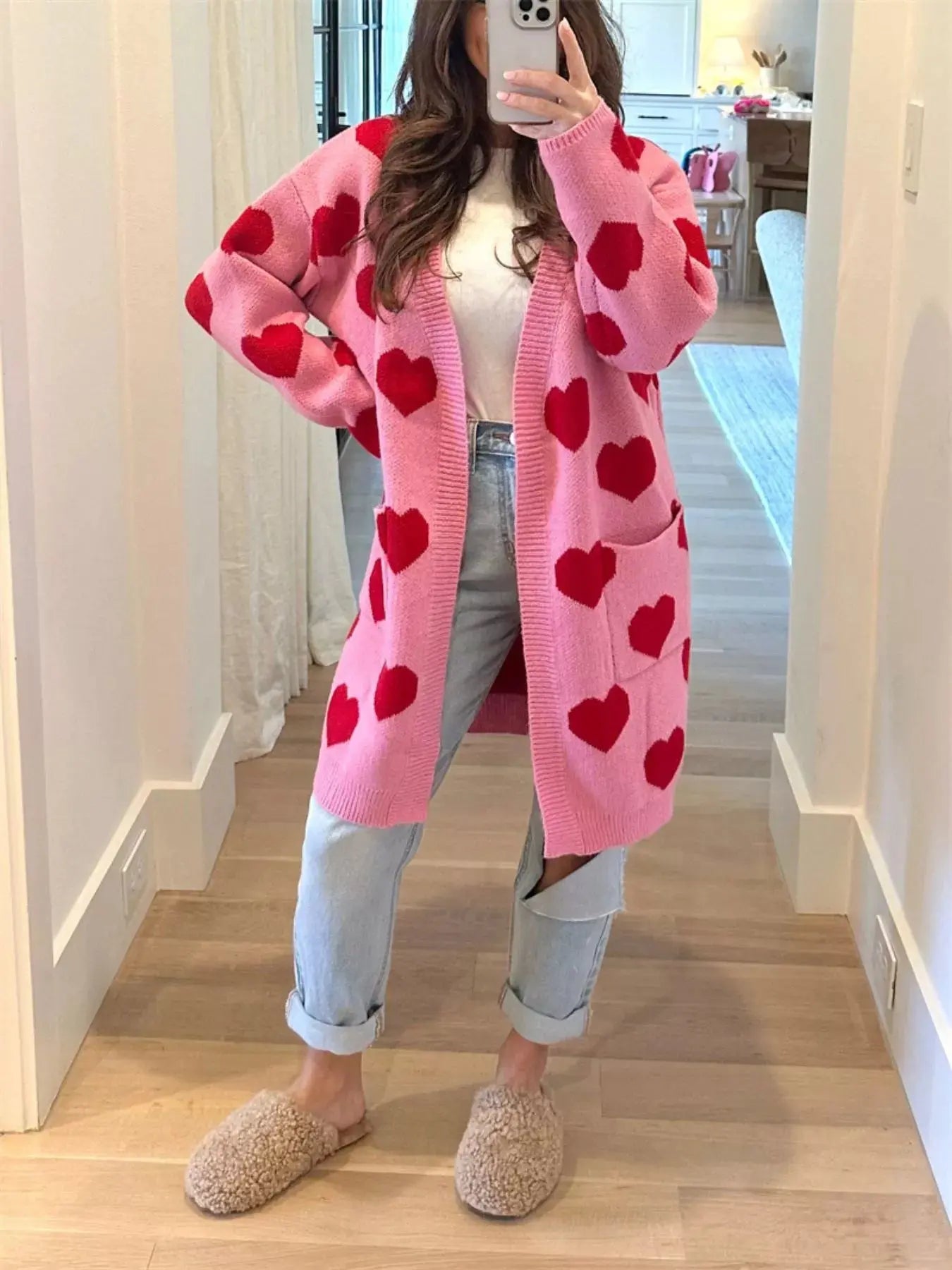 Heart Pattern Open Front Cardigan Simply Love