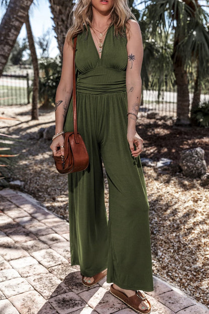 V-Neck Sleeveless Wide Leg Jumpsuit.