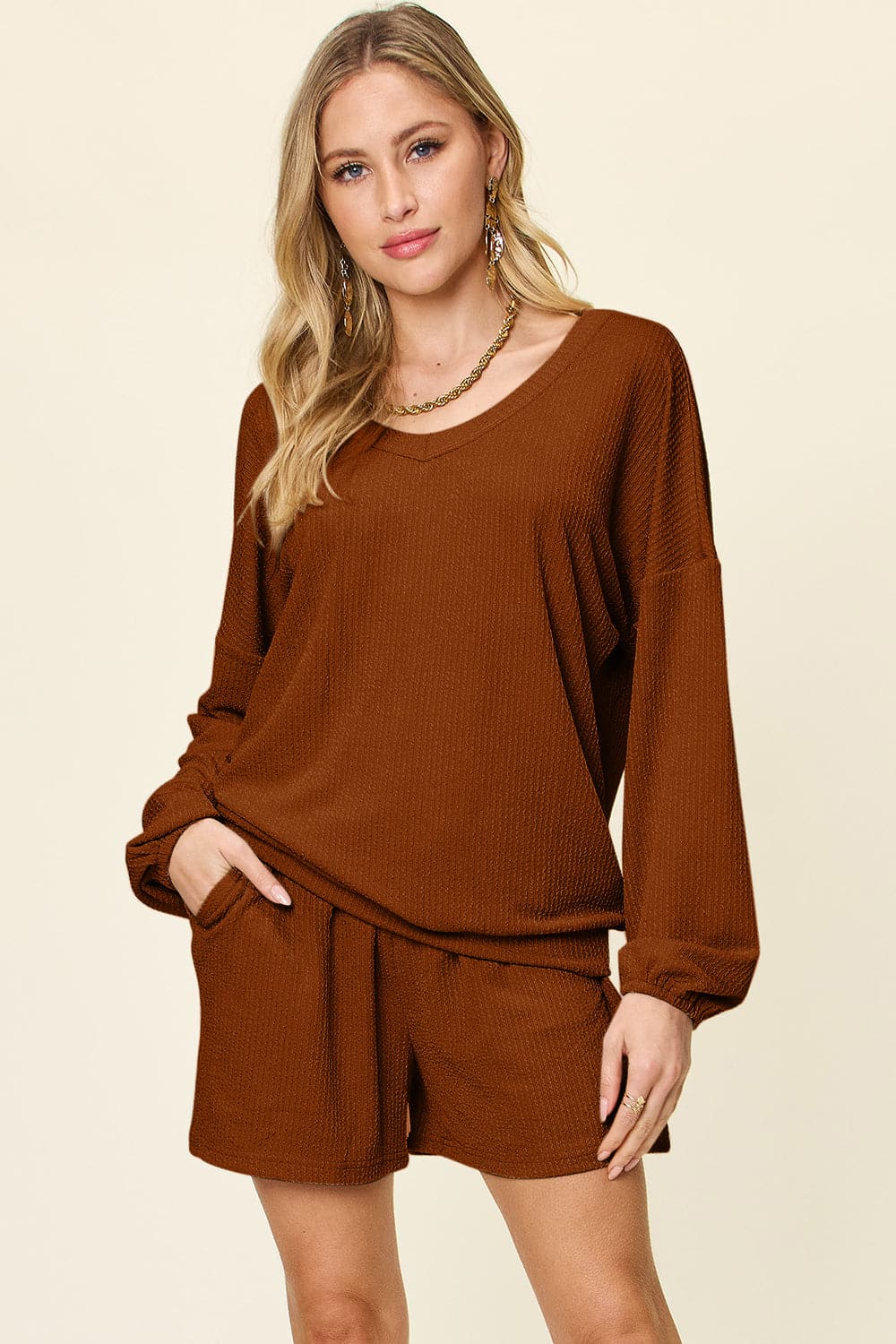 Double Take Full Size Texture V-Neck Long Sleeve T-Shirt and Shorts Set.