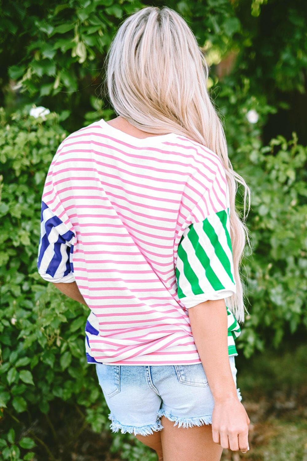 Striped Round Neck Dropped Shoulder T-Shirt.