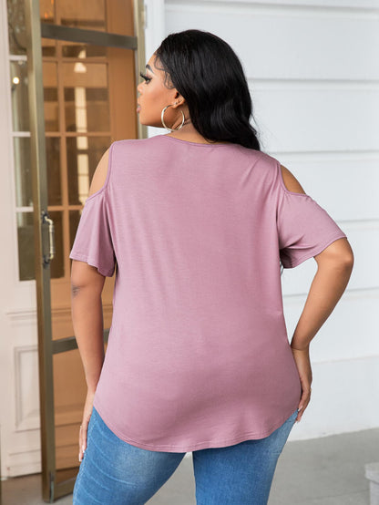 Plus Size Cold-Shoulder Round Neck Curved Hem Tee.