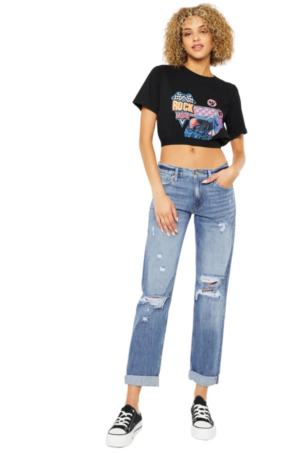 Kancan Mid Rise Distressed Straight Jeans.