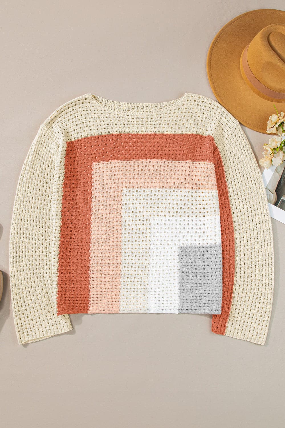 Openwork Color Block Long Sleeve Knit Top.