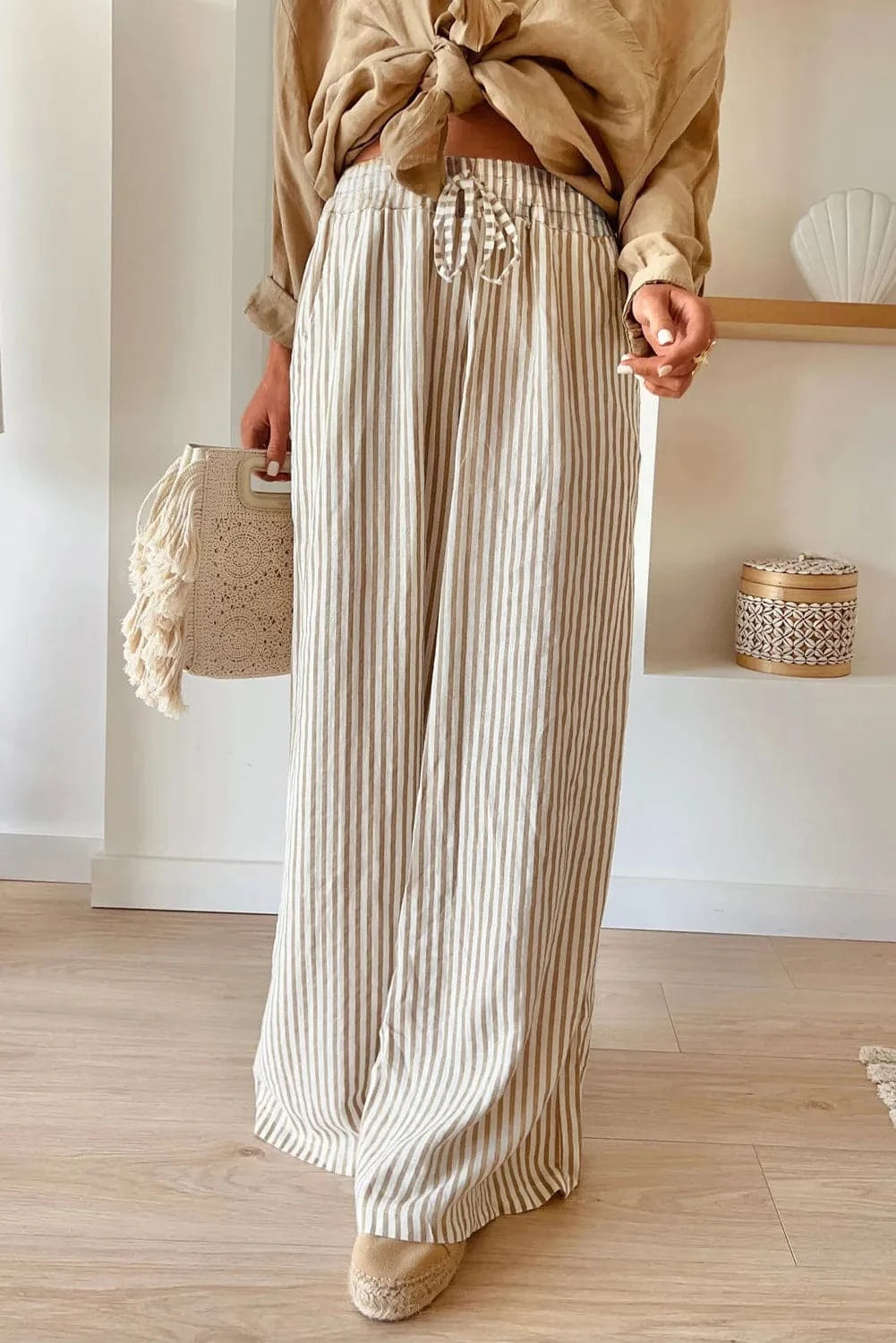 Pocketed Striped Wide Leg Pants.