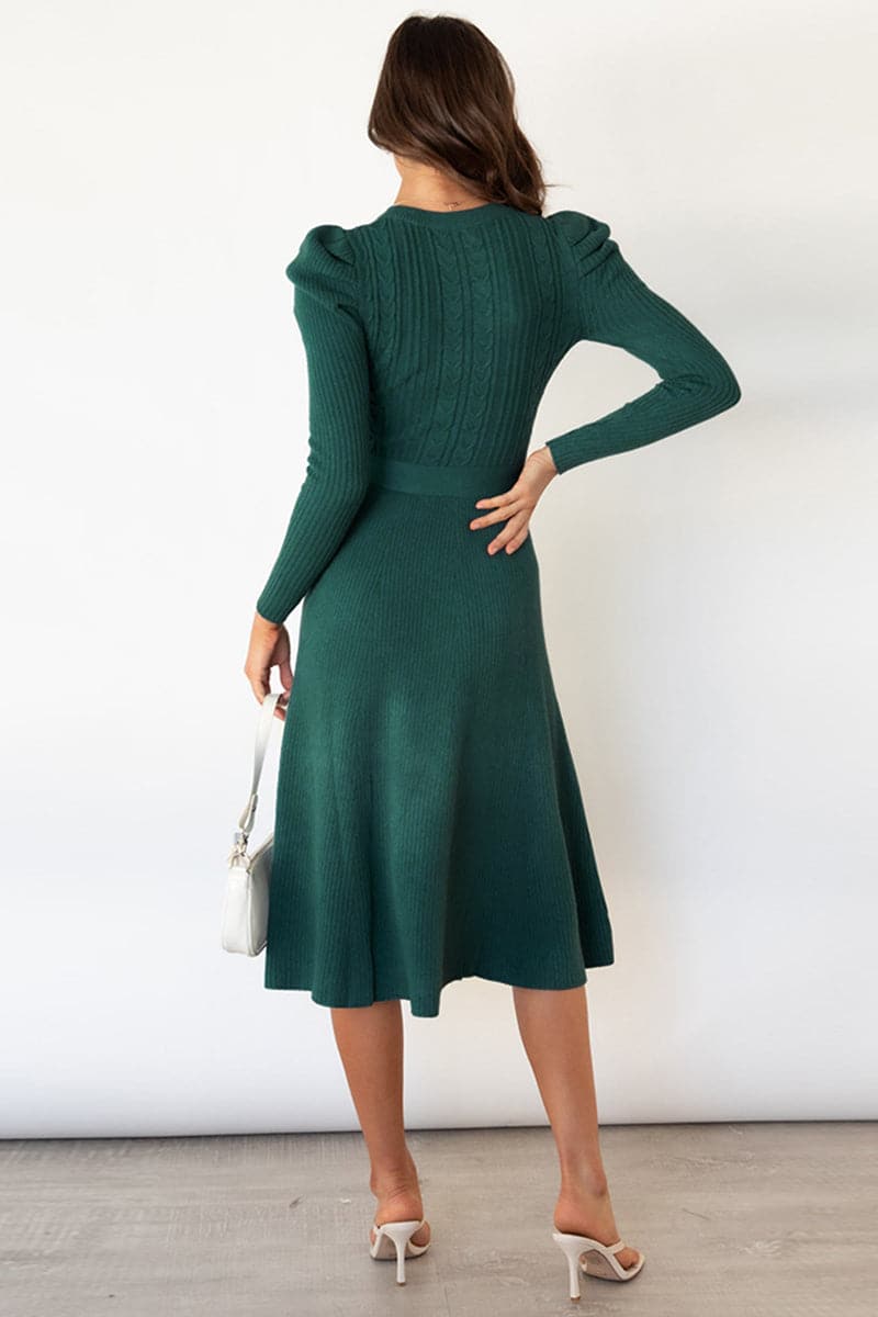 Round Neck Long Sleeve Tie Waist Sweater Dress.