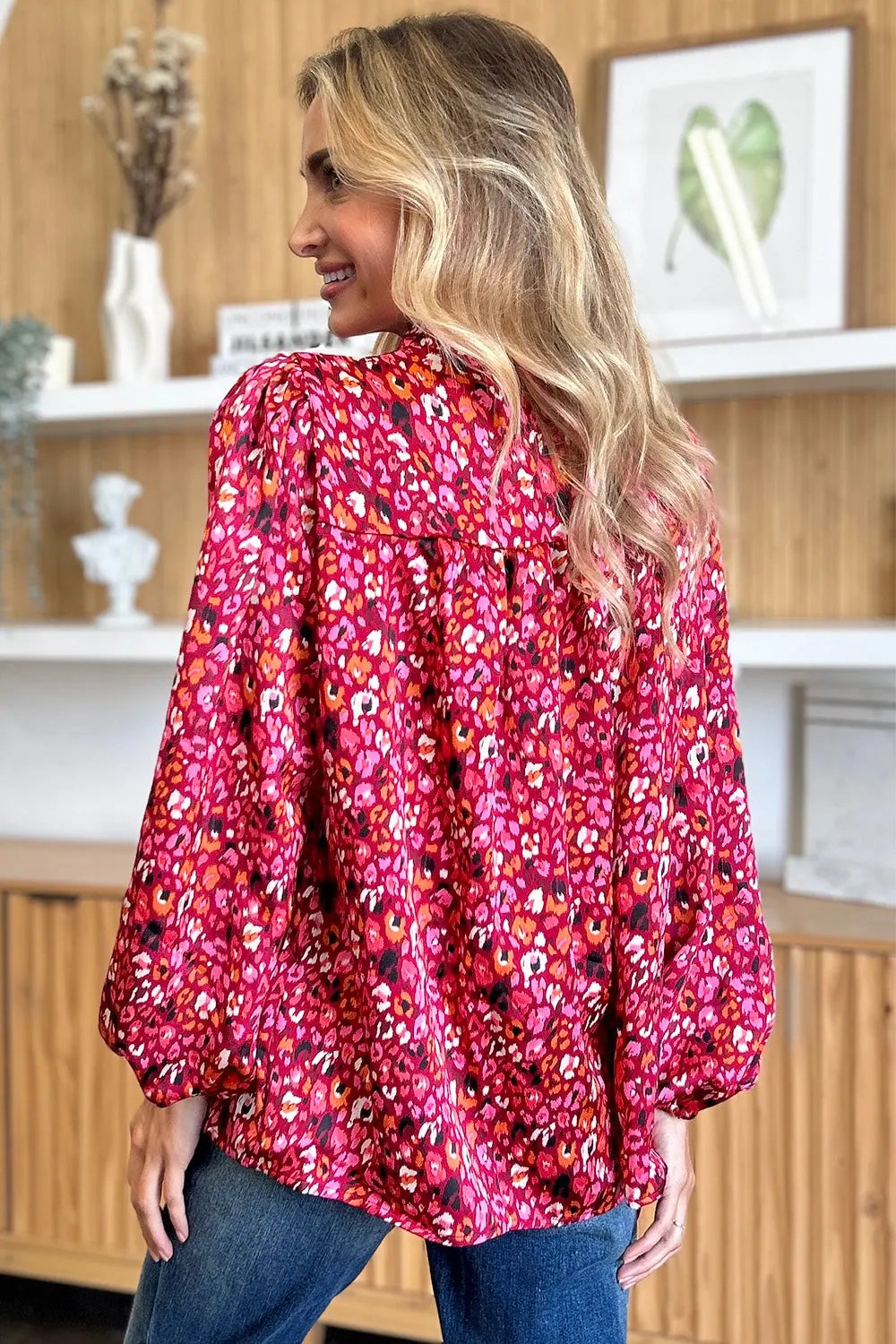 Double Take Full Size Printed Long Sleeve Blouse - Love Salve