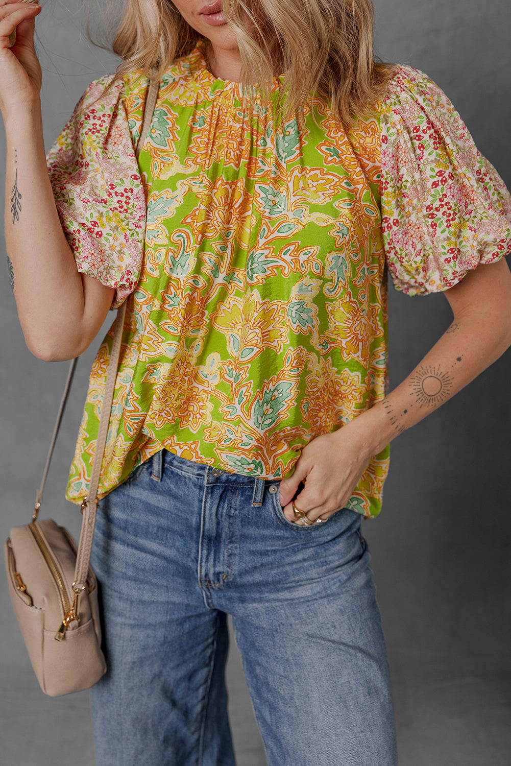 Multicolour Printed Contrast Bubble Sleeve Patchwork Blouse