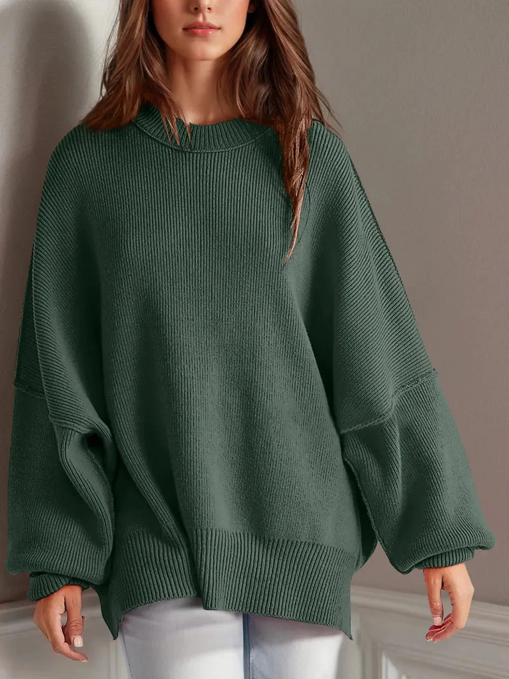Double Take Side Slit Round Neck Long Sleeve Sweater - Love Salve