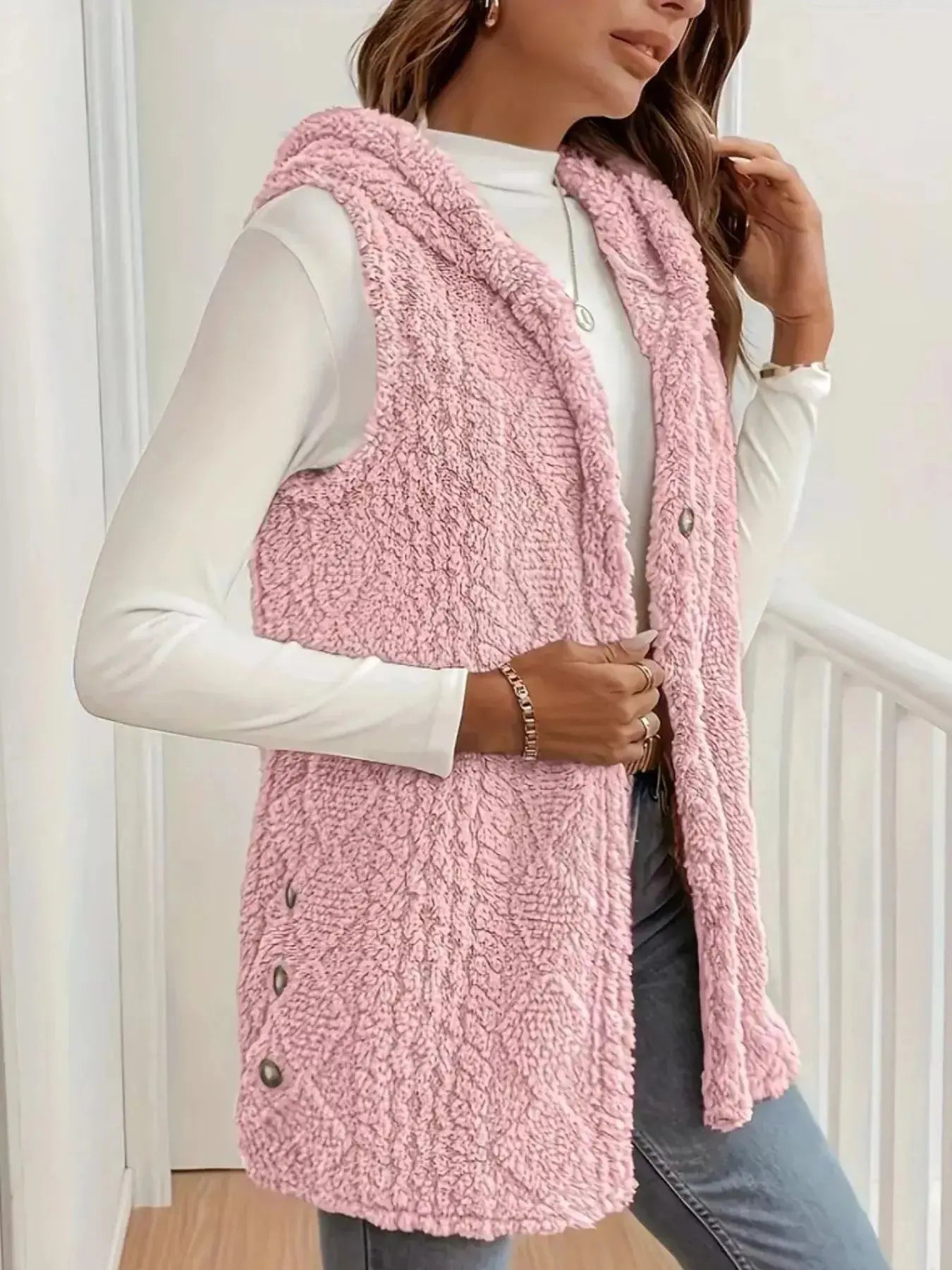 Hooded Button-Up Sherpa Vest Coat Simply Love