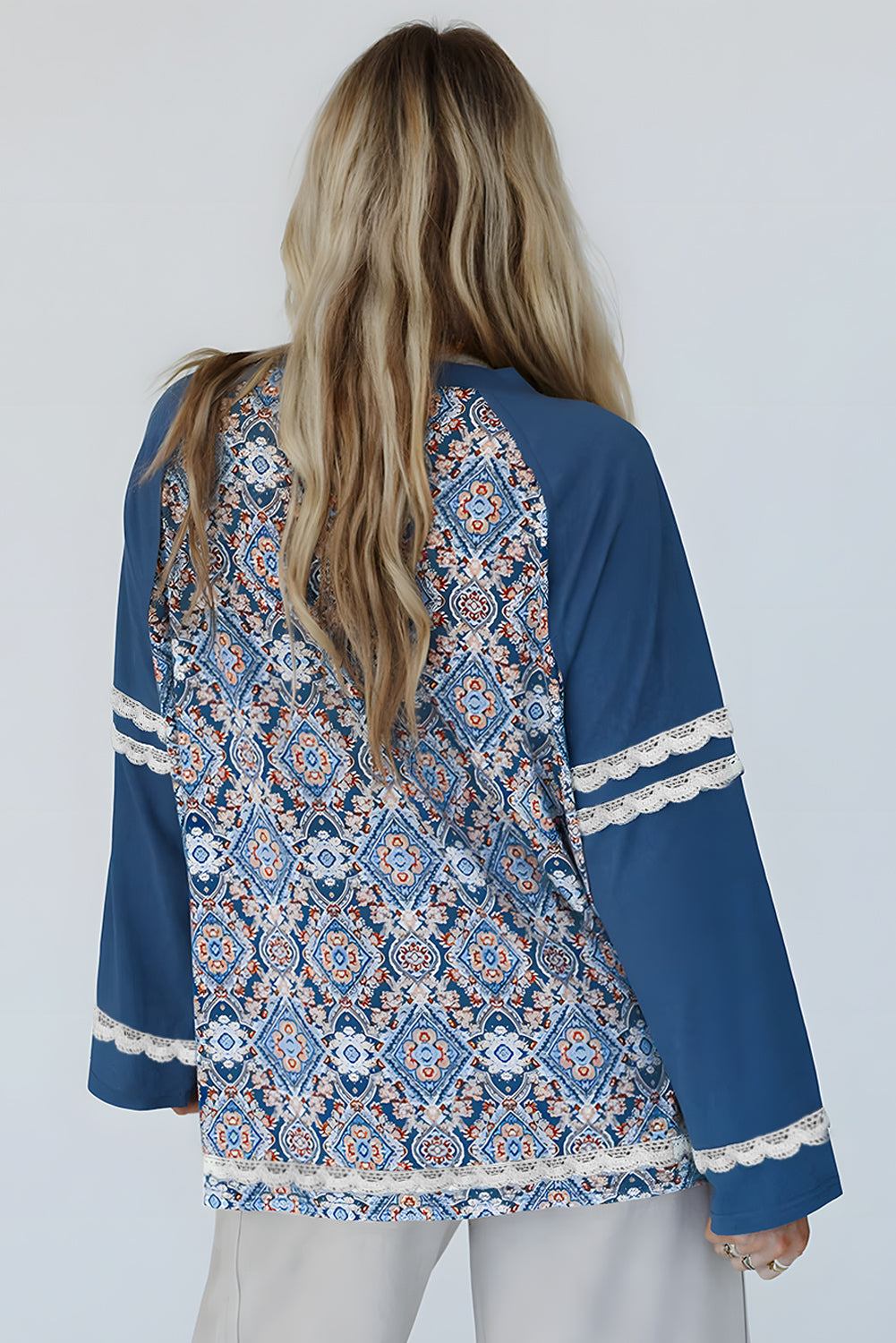 Blue Geometric Printed Lace Patchwork Ric Rac Raglan Top