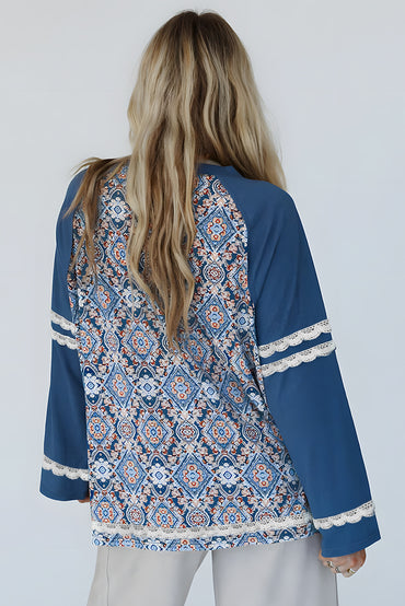 Blue Geometric Printed Lace Patchwork Ric Rac Raglan Top