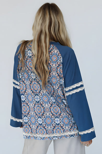 Blue Geometric Printed Lace Patchwork Ric Rac Raglan Top