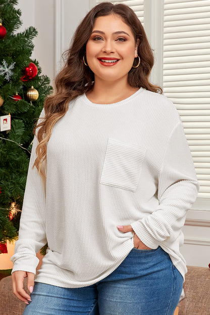 Chic white ribbed long sleeve plus size t-shirt with pocket detail