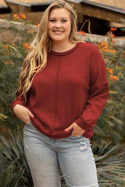 Chic plus size waffle knit top with exposed seam detail