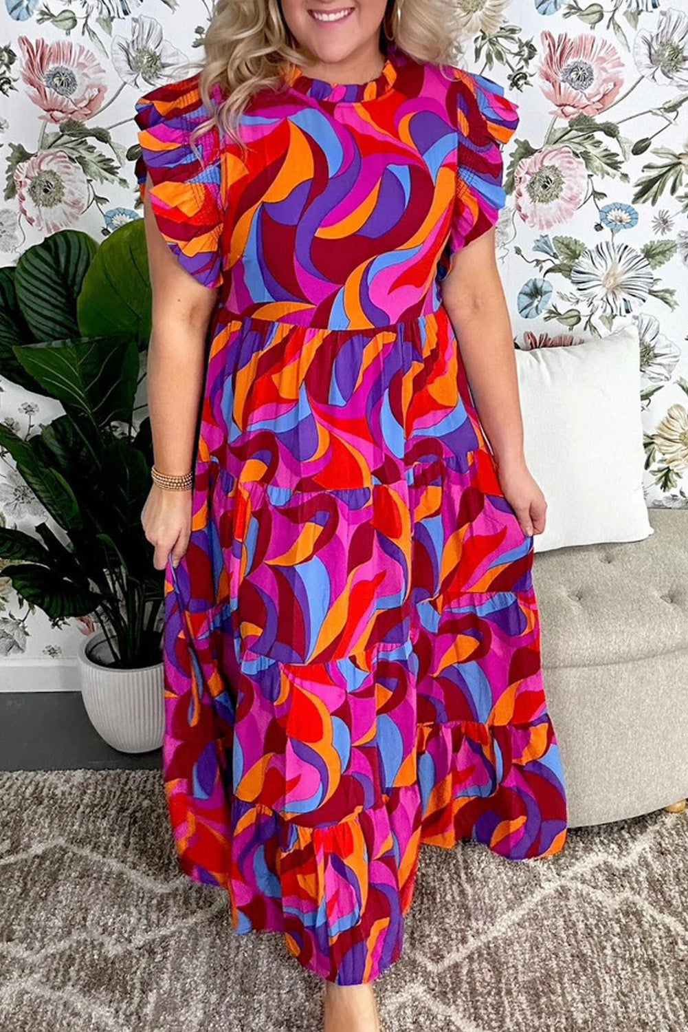 Vibrant abstract print plus-size ruffled mock neck maxi dress