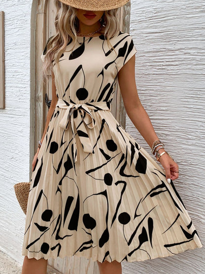 Tied Pleated Printed Cap Sleeve Dress.