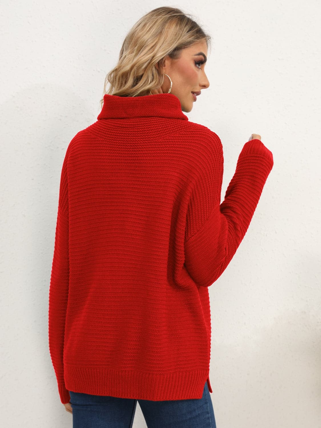 Slit Turtleneck Dropped Shoulder Sweater.