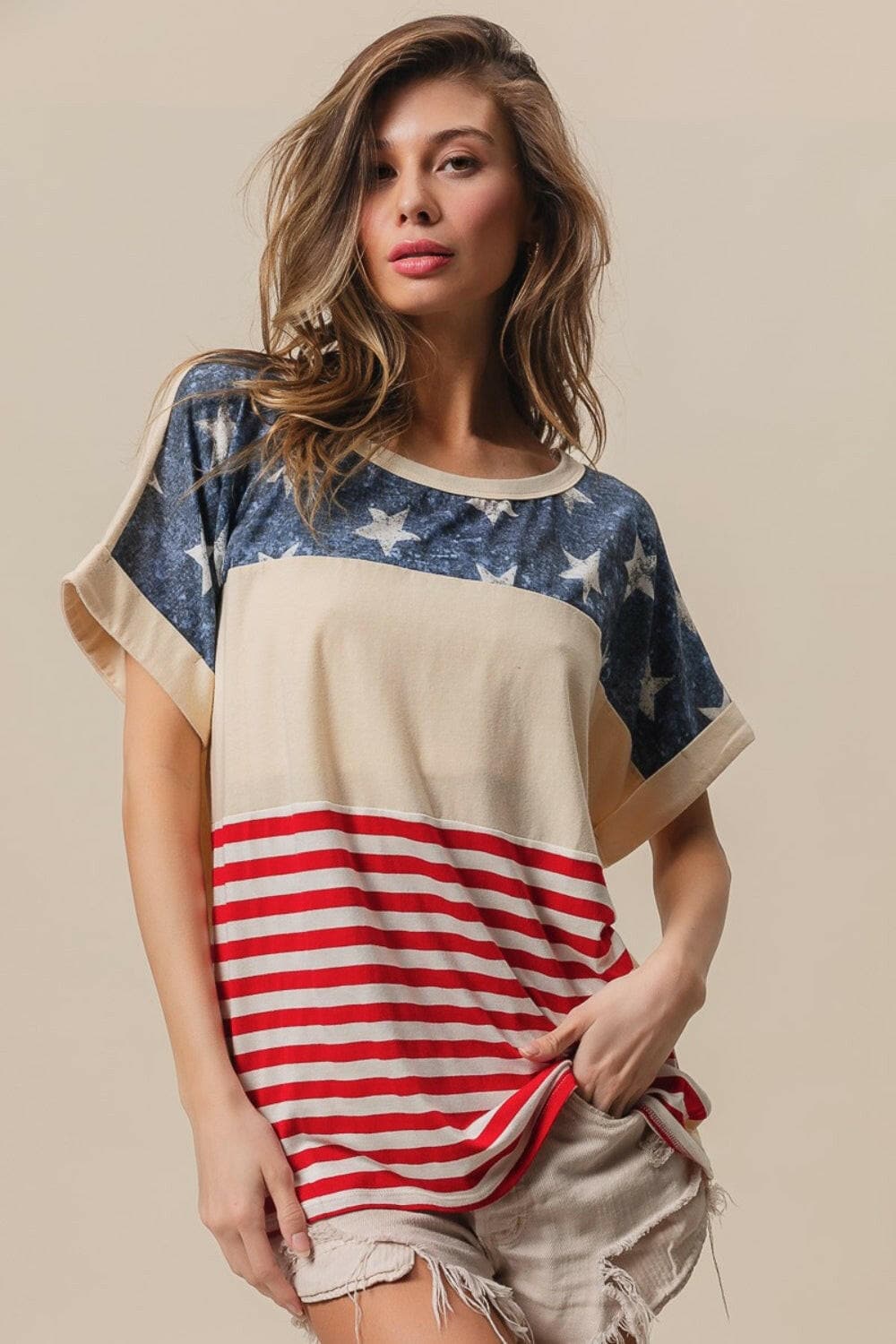 BiBi American Flag Theme Short Sleeve T-Shirt.