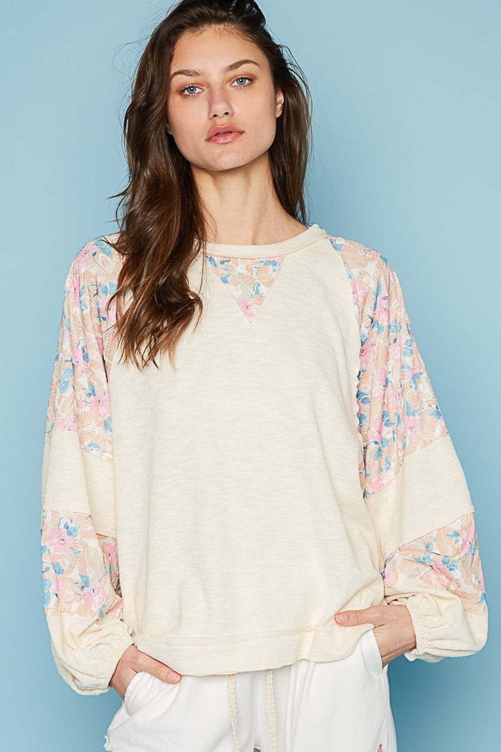 POL Round Neck Balloon Floral Long Sleeve Top.