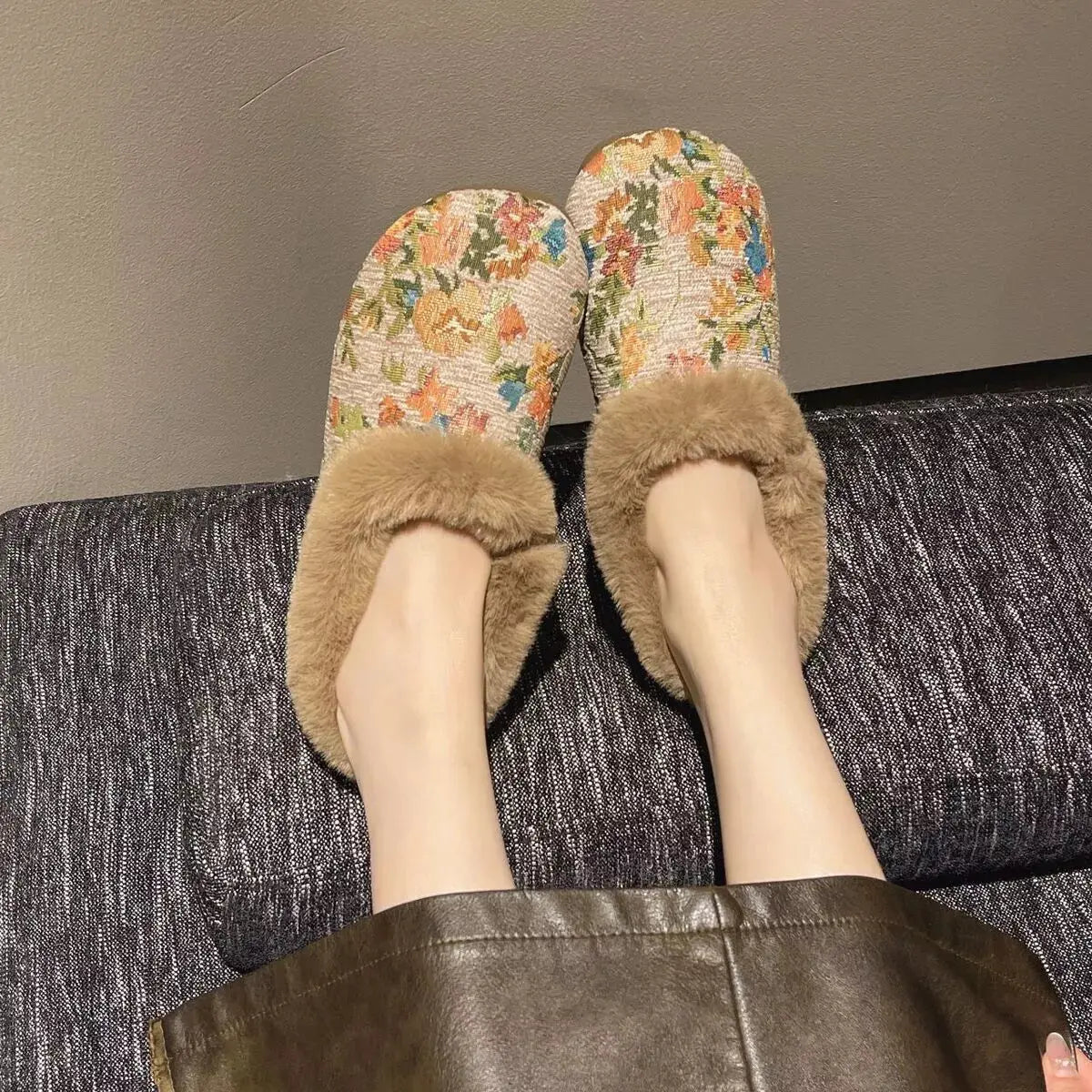 Floral Pattern Plush Lined Slip-Ons Simply Love