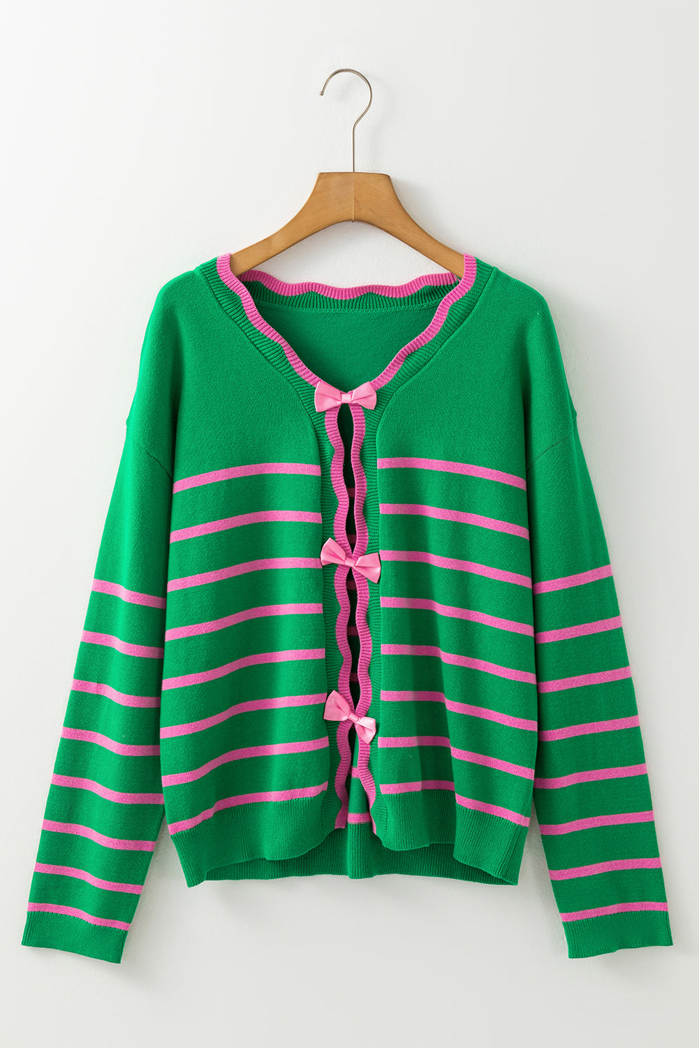 Charming Green Striped Knit Cardigan with Bow Detail