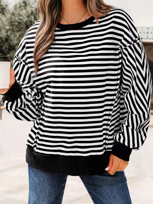 Stripe Exposed Seam Drop Shoulder Casual Pullover Top Simply Love