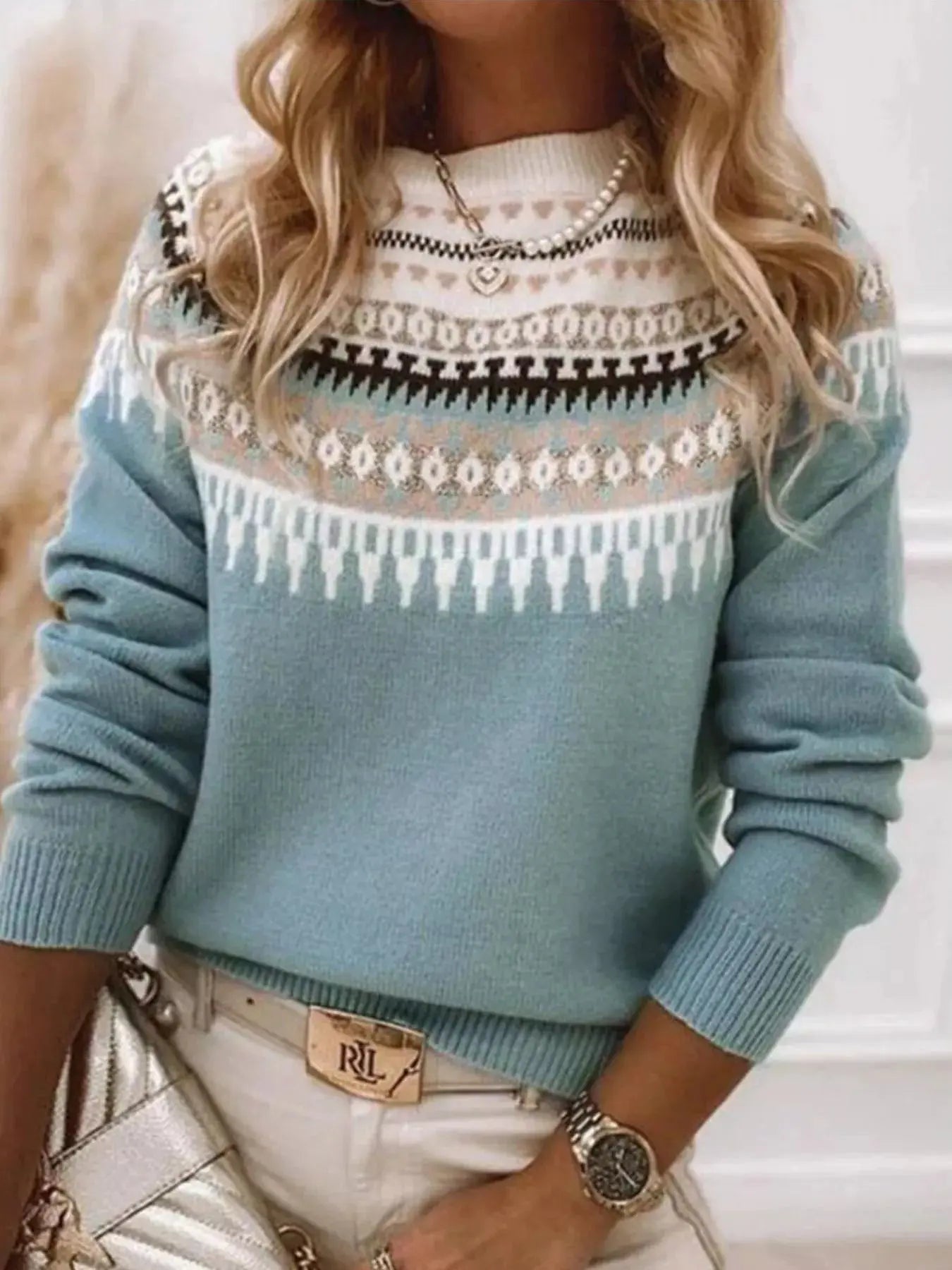 Full Size Vintage Patterned Round Neck Sweater Plus Size Simply Love