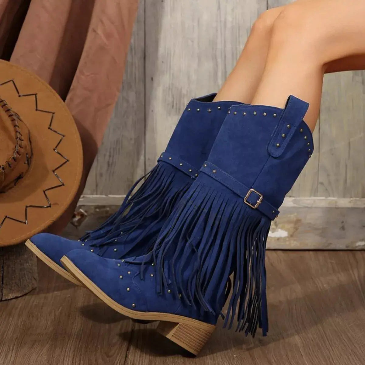 Fringe Point Toe Block Heels Boots Simply Love