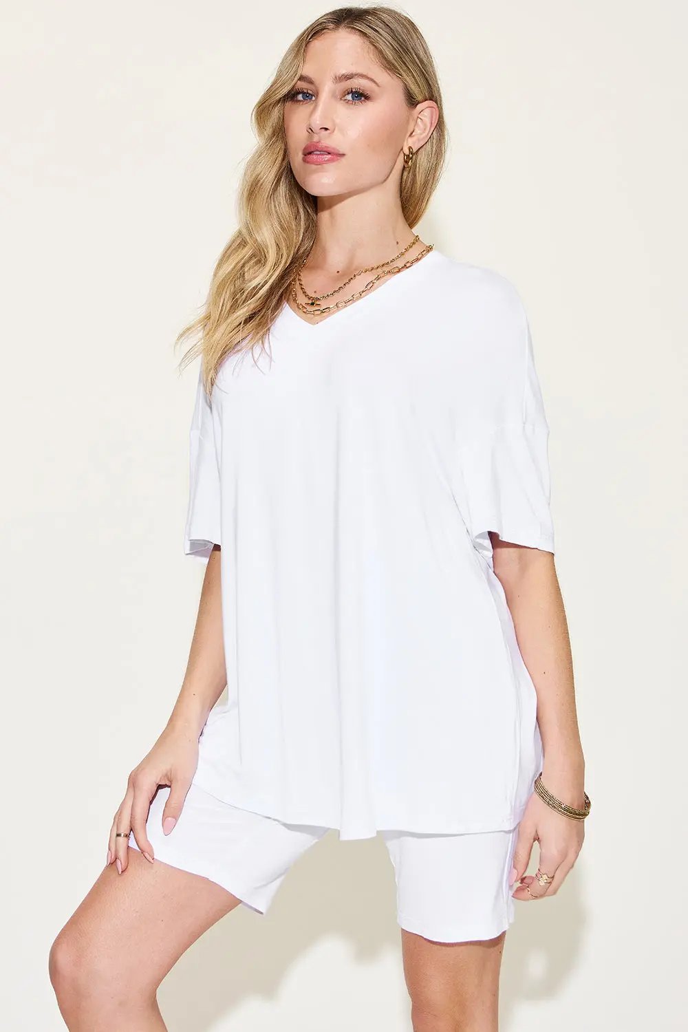Basic Bae Full Size V-Neck Drop Shoulder T-Shirt and Shorts Set - Love Salve