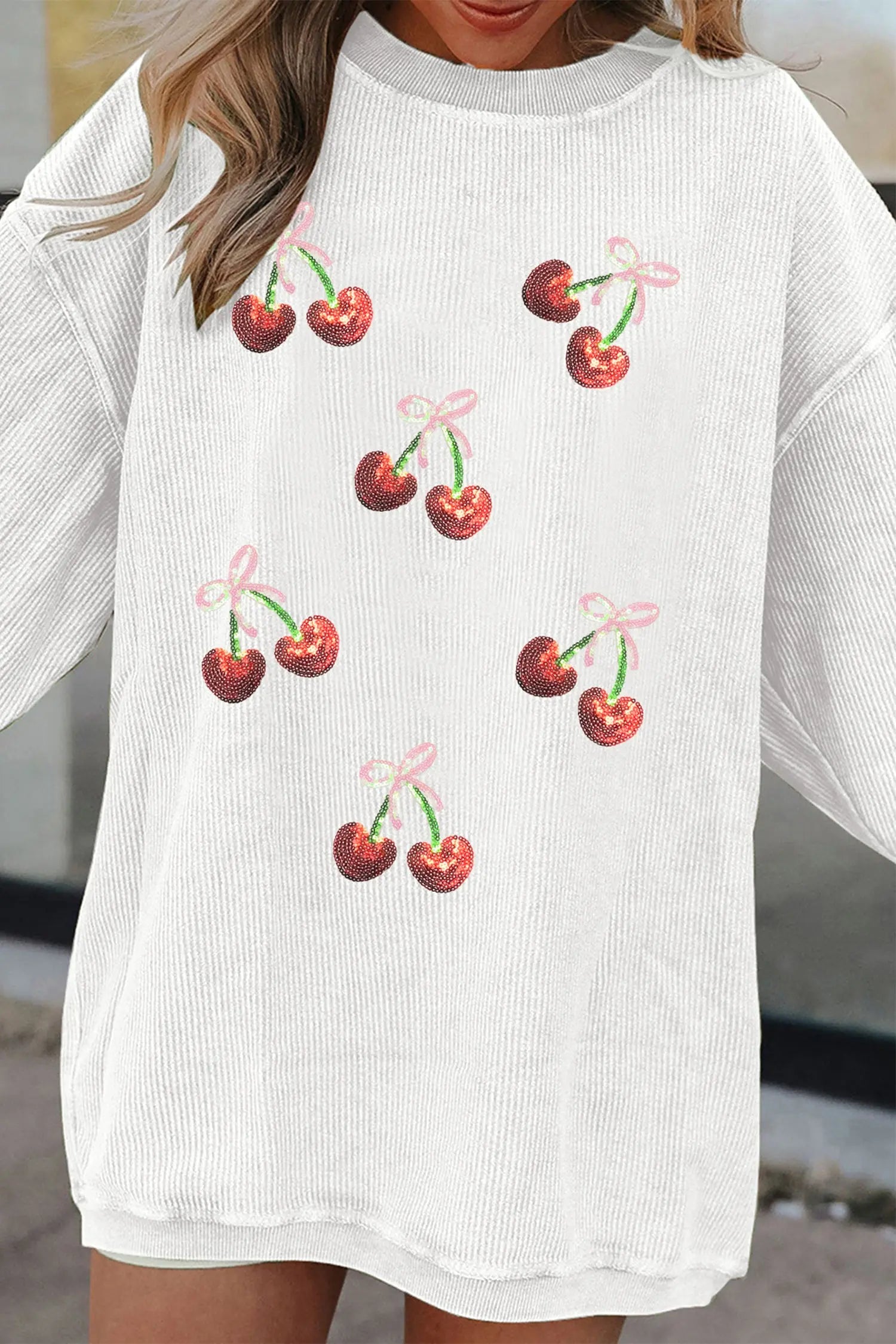White Corded Ribbed Sequin Cherry Bow Patched Drop Shoulder Sweatshirt Dear-Lover Dropshipping