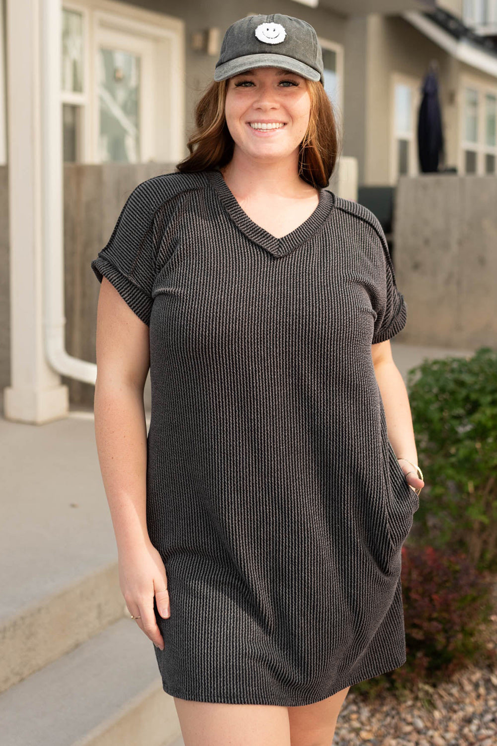 Carbon Grey Corded V Neck Plus Size T Shirt Dress With Pockets Dear-Lover Dropshipping