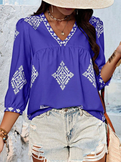 Printed V-Neck Three-Quarter Sleeve Blouse.