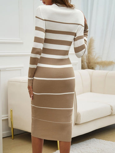 Color Block Round Neck Long Sleeve Midi Dress.