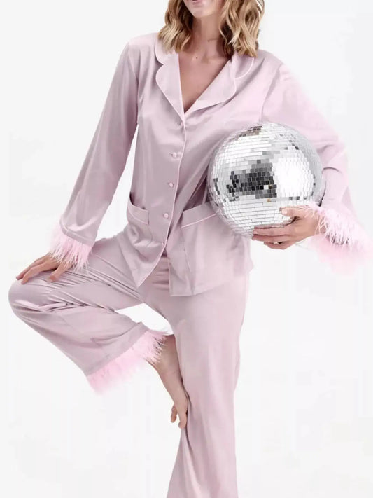 Silky Button Up Top and Pants Lounge Set Simply Love