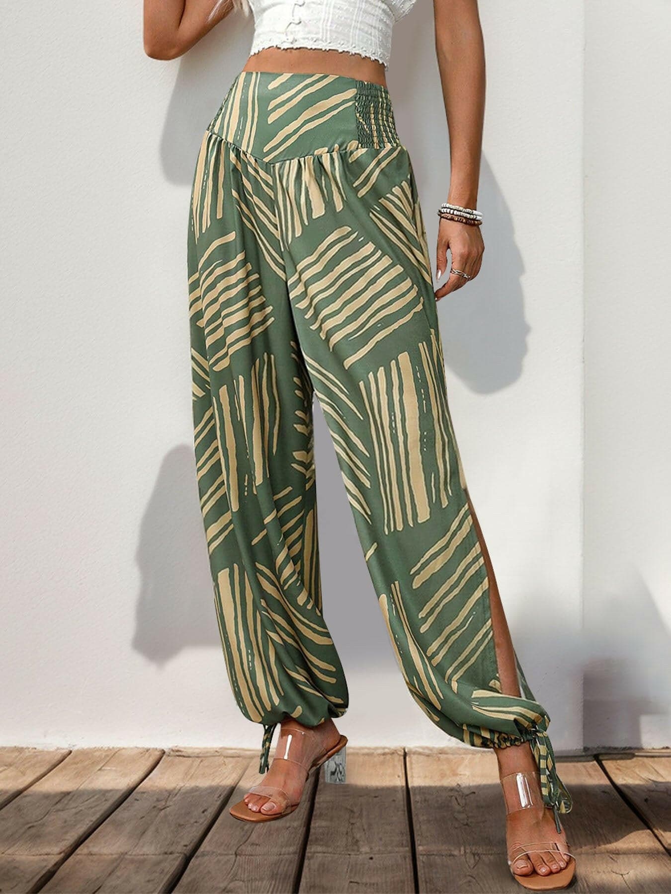 Smocked Slit Printed High Waist Pants.